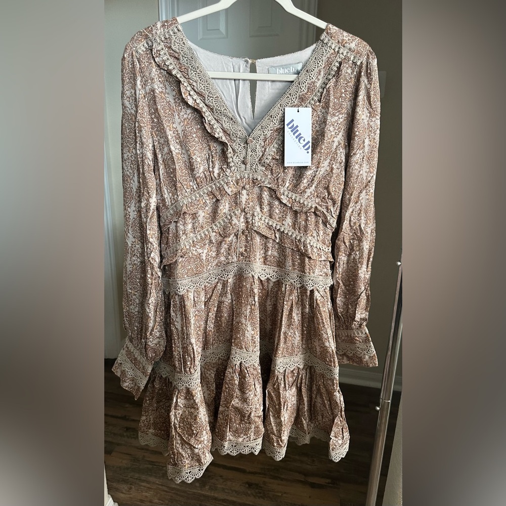 Blue B Ruffle Lace Long Sleeve Dress Size S NWT